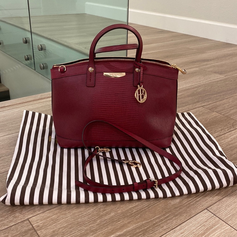 Henri Bendel satchel, burgundy crocodile print.
